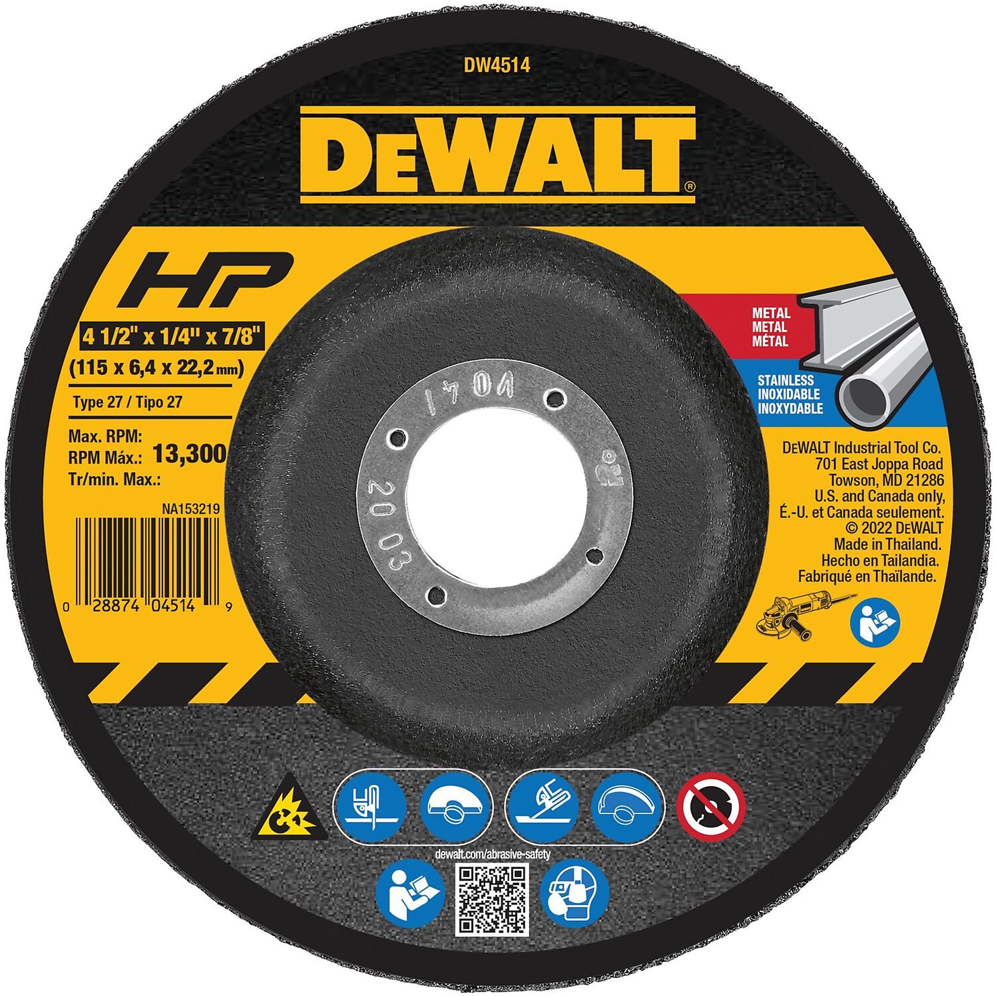 DEWALT, 4in. x 1/4in. x 7/8in. HP T27 Metal Grinding Wheel, Wheel Diameter 4.5 in, Arbor Size 7/8 Wheels (qty.) 1 Model# DW4514